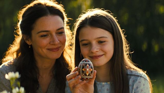 Mother and daughter admiring hand-painted easter egg in sunlit garden during golden hour