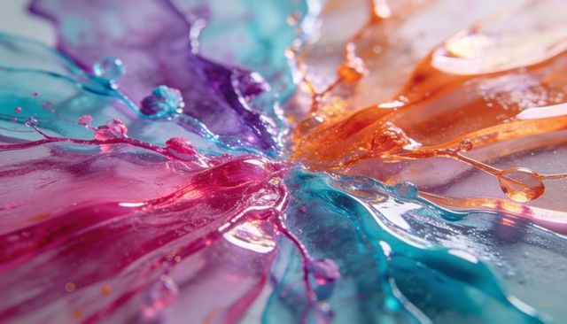 Vivid liquid splash radiating magenta cyan orange purple glossy pigment macro droplets