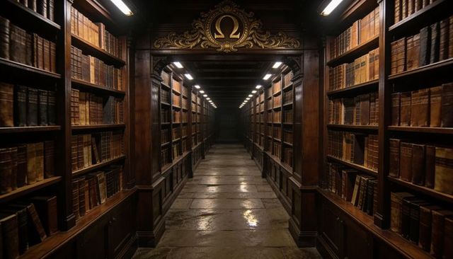 Gilded Omega Pediment Library Moody Corridor with Leather-Bound Books and Stone Walkway