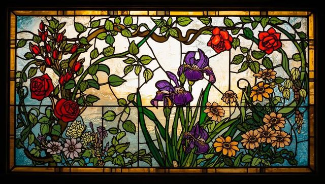 Floral stained glass window with roses and iris