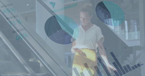 Businesswoman analyzing financial data with smartphone interface