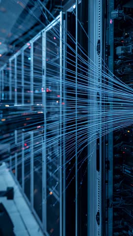 Initiating data simulation: glowing fiber optic cables pulsing in data center aisle (vertical video)