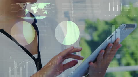 Hands Holding Tablet with Digital Analytics Interface