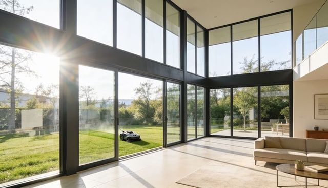 Sunlit two-story living room showcasing floor-to-ceiling glass and robotic lawn mower