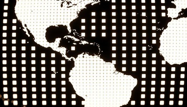 Backlit halftone world map highlighting americas on led pixel grid, high-contrast monochrome