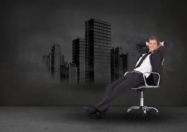 Digital composition of businessman relaxing on chair against cityscape in background