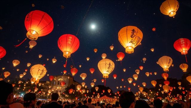 Night lantern festival releasing sky lanterns under full moon, glowing calligraphy lanterns