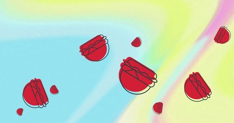 Red hamburgers on abstract pastel swirl background