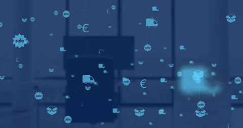 Global networking and e-commerce icons overlay on desk