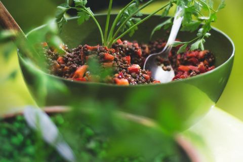 Green bowl featuring lentil and roasted tomato salad garnished with fresh parsley, plant-based meal