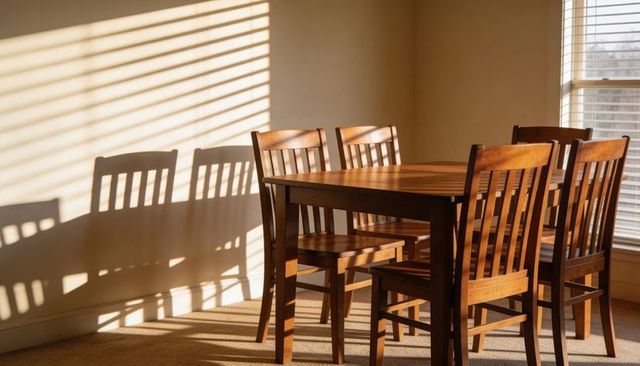 Sunlit wooden dining table with slatted chairs casting striped shadows on cozy beige wall