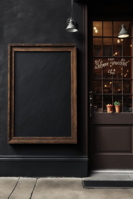 This image features the exterior of a vintage cafe with a blank chalkboard sign next to its door. The storefront is black with a wooden frame holding the chalkboard. The cafe door has warm lighting illuminating through its glass pane. Perfect for promoting businesses, inspiring small store aesthetics, or creating template designs for announcements or street cafes for marketing materials.