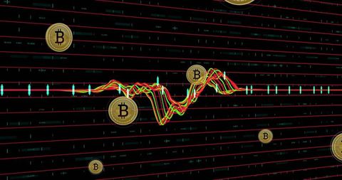 Neon bitcoin trading dashboard with oscillating multicolor chart, candlesticks and grid data