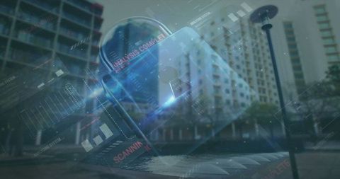 Digital padlock overlay on urban cityscape symbolizing cybersecurity
