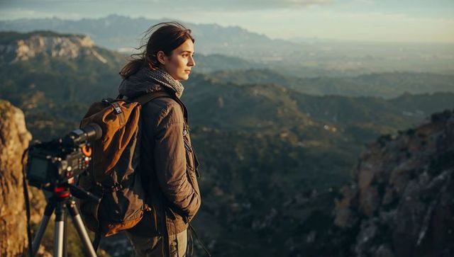 Standing hiker overlooking mountain valley at golden hour with camera and tripod