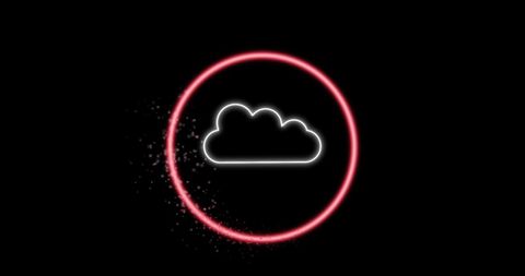 Neon cloud icon in glowing sci-fi circle on black background