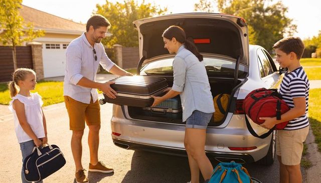 Family packing car for summer road trip from suburban home