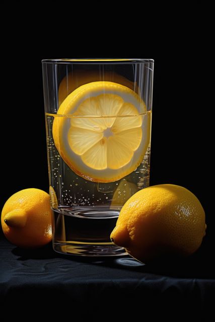 Glass of lemon juice and lemons on black background, created using generative ai technology. Juice, drink and refreshment concept digitally generated image.