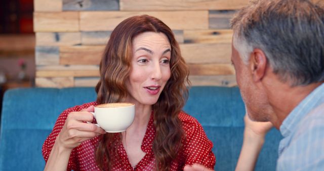 Woman Enjoying Coffee Conversing with Mature Man in Cafe - Download Free Stock Images Pikwizard.com