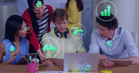 Business Team Analyzing Sustainable Data with Eco Icons Visualized
