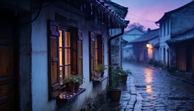 Twilight rain on cobblestone lane with warm window light and lantern reflections
