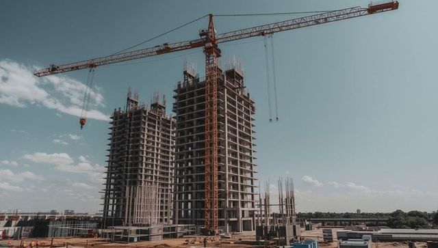 Urban construction with tower crane and incomplete skyscrapers