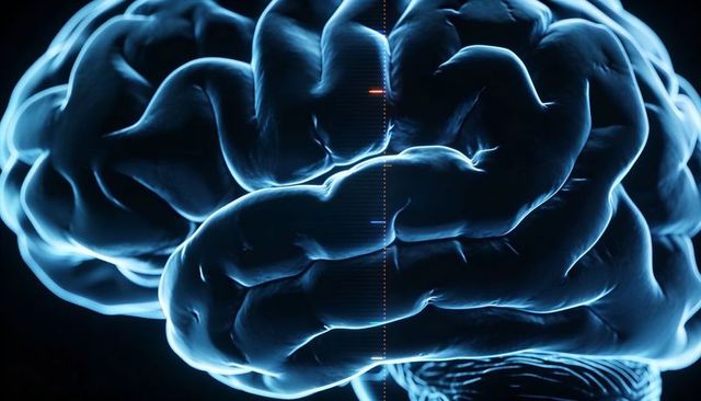 3D Neon Brain Closeup with Wireframe Brainstem and Scale for Neurology and AI Visualization