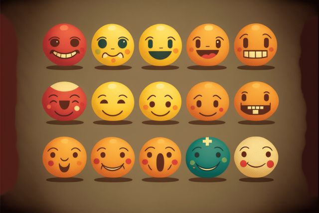 Colorful cartoon faces displaying a wide range of emotions from happiness to surprise. Useful for illustrating emotional content, social media posts, messaging apps, UX design, or educational materials on emotional expression.
