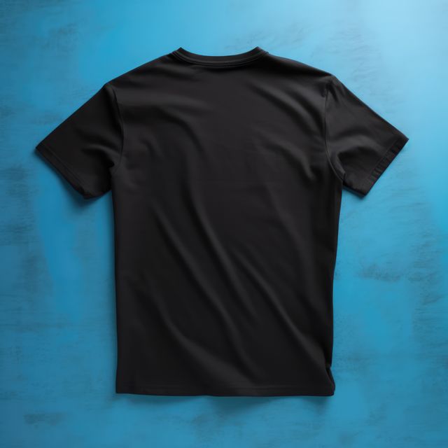 Plain black t-shirt mockup on blue background, useful for showcasing designs or logos. Ideal for online retail, fashion catalogues, clothing brand presentations, and print design templates.