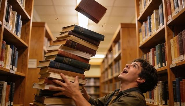 Student Balancing Tower of Books while Book Drops Midair in Wood-Shelved Library Aisle