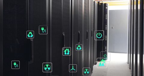 Eco technology icons over data servers in modern facility