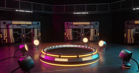 Futuristic Neon Gaming Stage with Spotlights