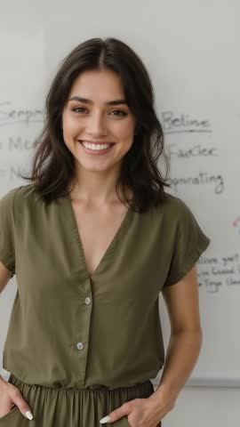 Vertical video of confident businesswoman smiling and presenting at whiteboard, sliding hands into p