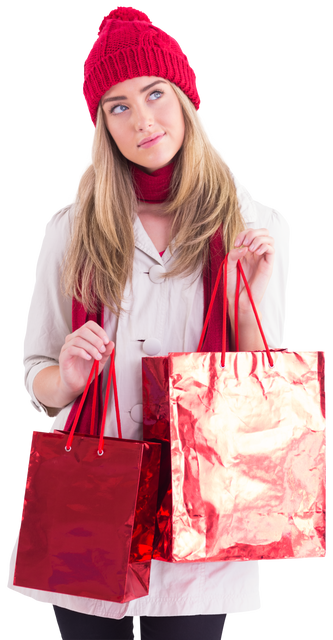 Blond Woman Holding Red Shopping Bags in Winter Clothing, Transparent - Download Free Stock Videos Pikwizard.com