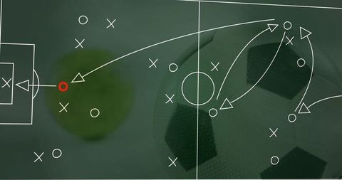 Chalkboard-style soccer strategy with tactical arrows and markers