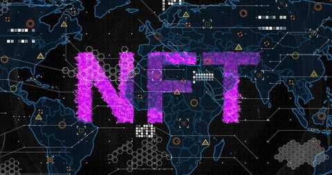 Nft concept on digital world map with network and data graphics
