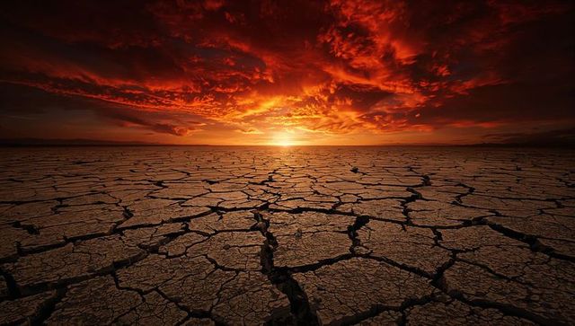 Cracked parched earth stretching to fiery sunset under dramatic red cloudscape horizon