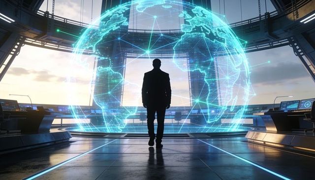 Executive silhouette studying holographic global network inside futuristic command center