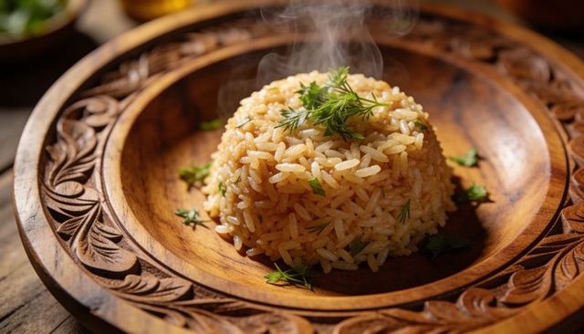 Steaming seasoned rice dome on carved wooden bowl with fresh herb garnish