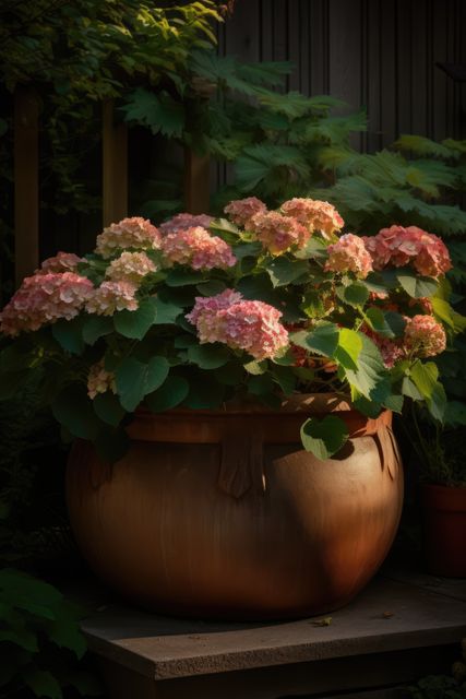 Colourful hydrangeas in ceramic planter in sunny garden, created using generative ai technology. Flowers, plants, growth, spring, nature and gardening concept digitally generated image.