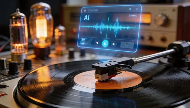 Spinning vintage vinyl turntable with holographic ai waveform, retro analog music tech