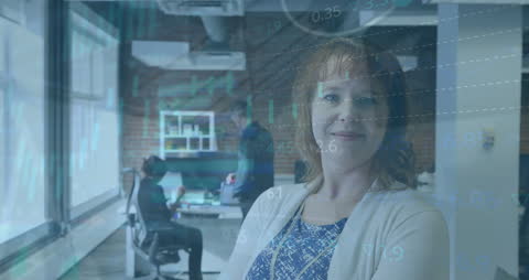 Businesswoman Overseeing Team With Data Overlay in Modern Office