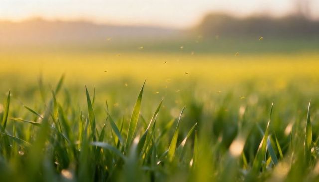 Golden sunrise shimmering on dew-covered grass blades at meadow edge with floating pollen