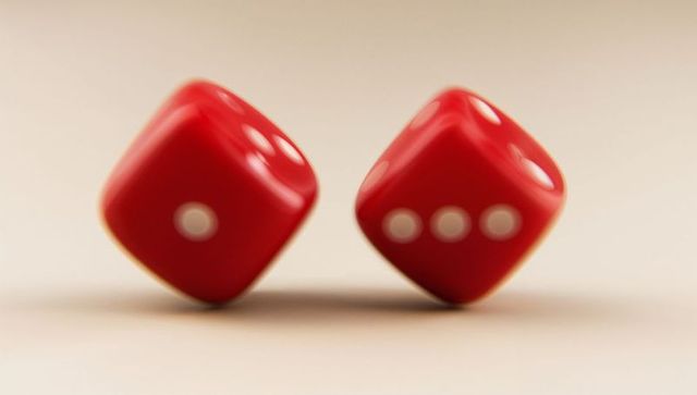 Glossy red dice rolling on beige tabletop showing white pips and soft reflections