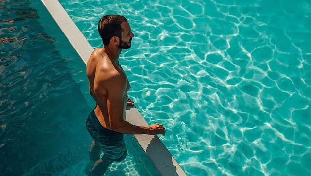 Sunlit man standing at pool edge holding white coping with turquoise water reflections