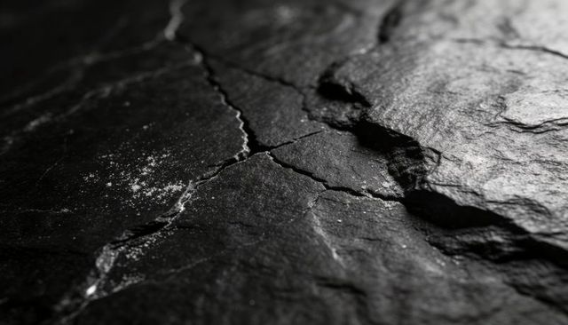 Cracked dark slate revealing intersecting fissures and mineral dust macro texture