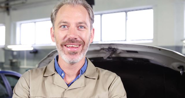 Smiling Auto Mechanic with Arms Crossed in Garage - Download Free Stock Images Pikwizard.com