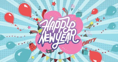 Festive New Year Celebration Banner with Balloons and Gifts