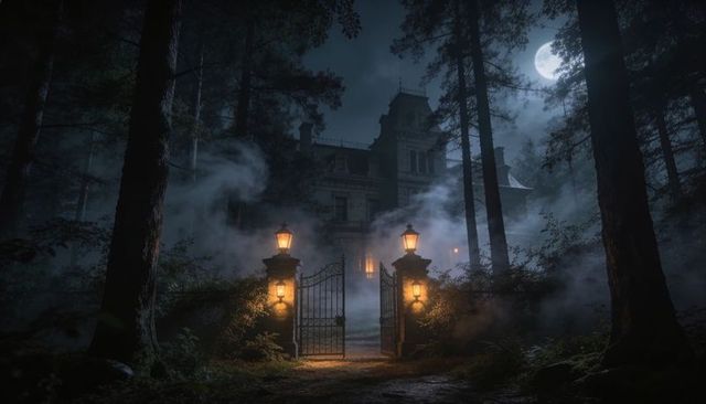 Moonlit victorian manor behind wrought iron gate with foggy lantern-lit path