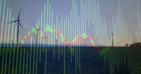 Wind Turbines with Overlay of Financial Charts at Dusk